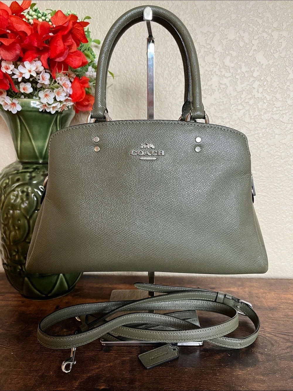 Coach 91146 Mini Lillie Carryall Bag Crossgrain Leather Crossbody Olive